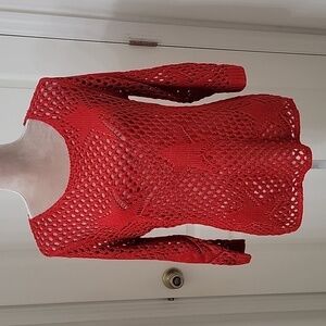 Objects D'Art, Open Knit Red Sweater, Star Detail. Size M. New without Tags